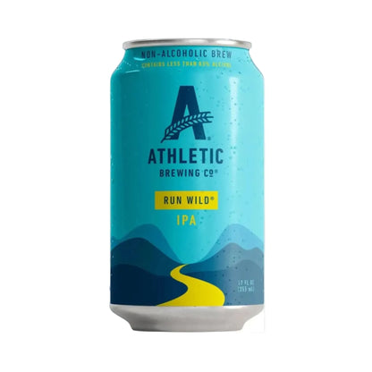 Athletic Brewing Co. Run Wild IPA can with mountain and road design on a blue background