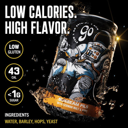 Sunbeam Pils Go Brewing vista lateral — pilsner sin alcohol floral y herbal