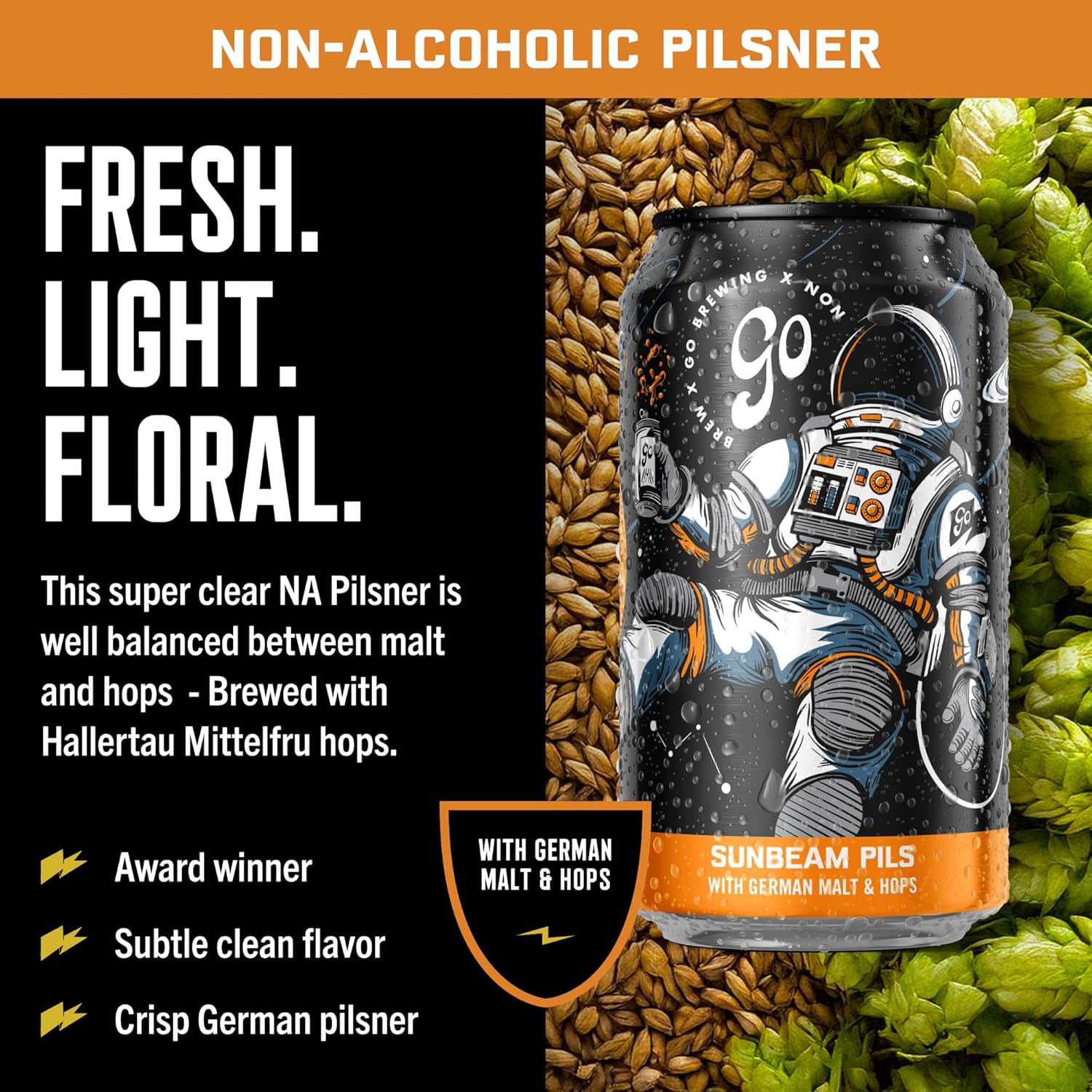 Sunbeam Pils Go Brewing detalle lata — mejor pilsner sin alcohol artesanal Panamá