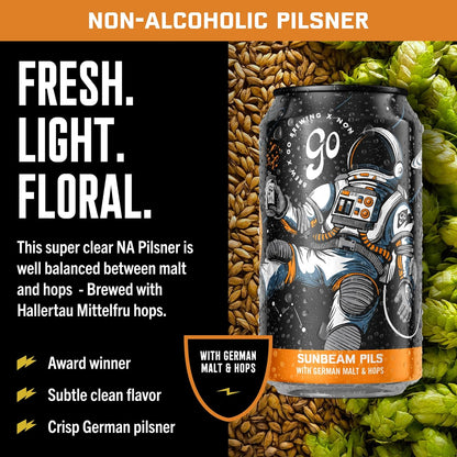Sunbeam Pils Go Brewing detalle lata — mejor pilsner sin alcohol artesanal Panamá