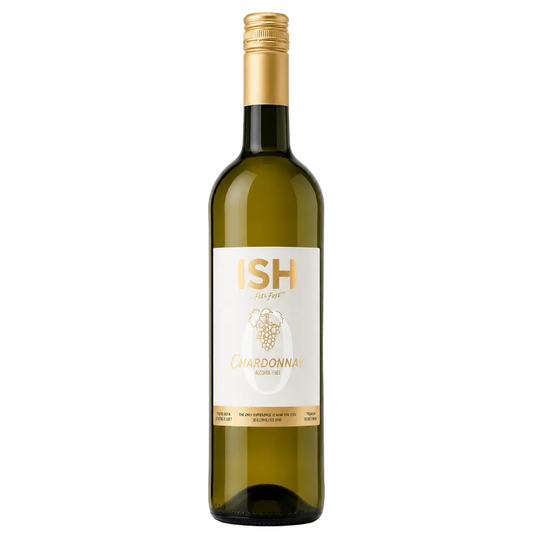 White wine bottle with 'ISH' label on a white background