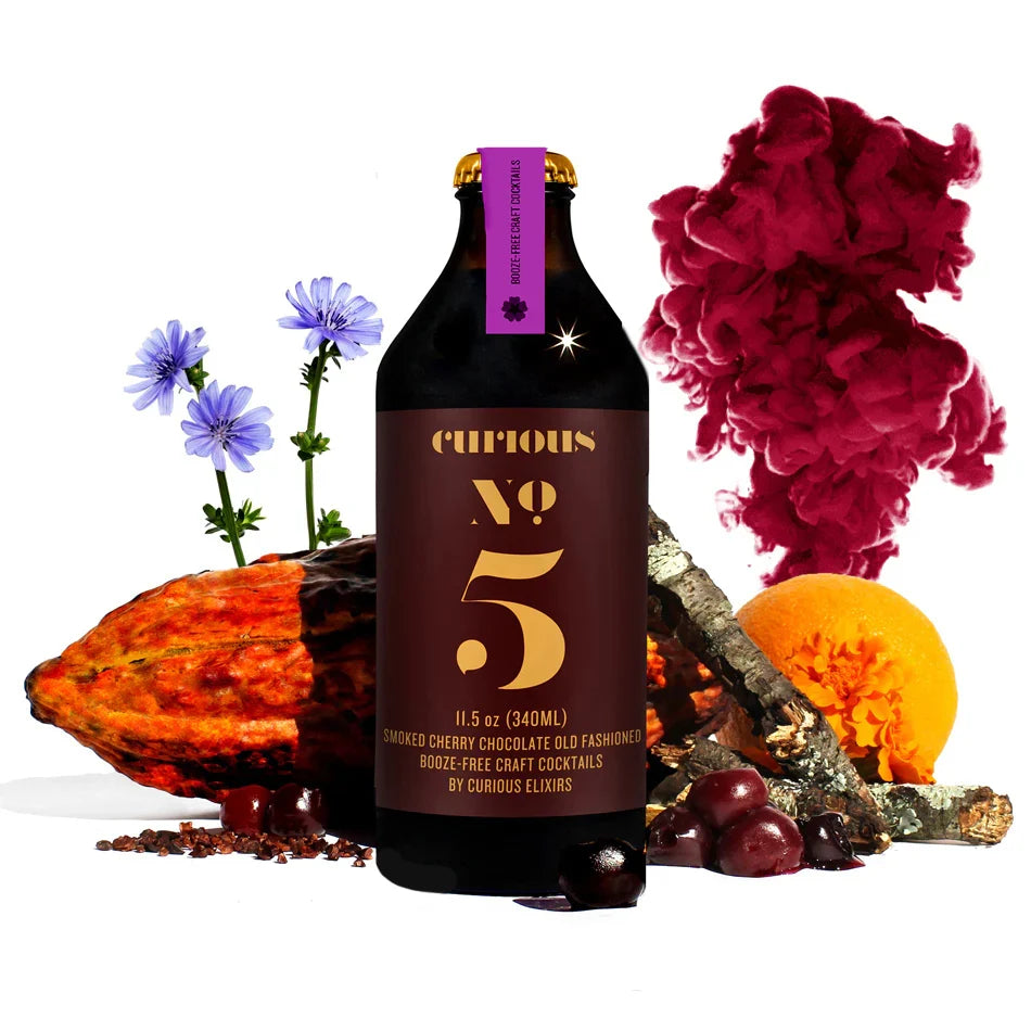 Curious No. 5 Curious Elixirs en mesa — 0.0% ABV vegano organico sin azucar refinada Panama
