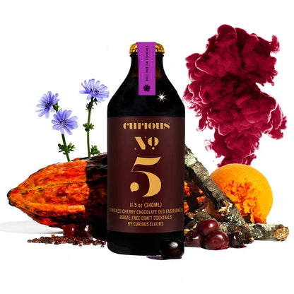Curious No. 5 Curious Elixirs en mesa — 0.0% ABV vegano organico sin azucar refinada Panama