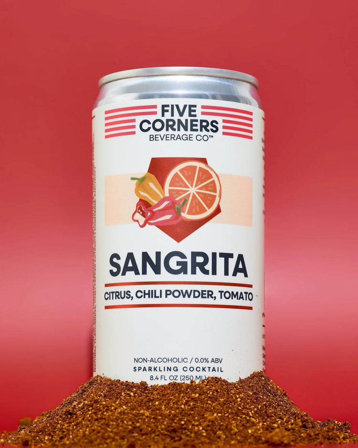 Sangrita Five Corners Beverage Co. en vaso — sangrita espumante sin artificiales sabrosa y picante