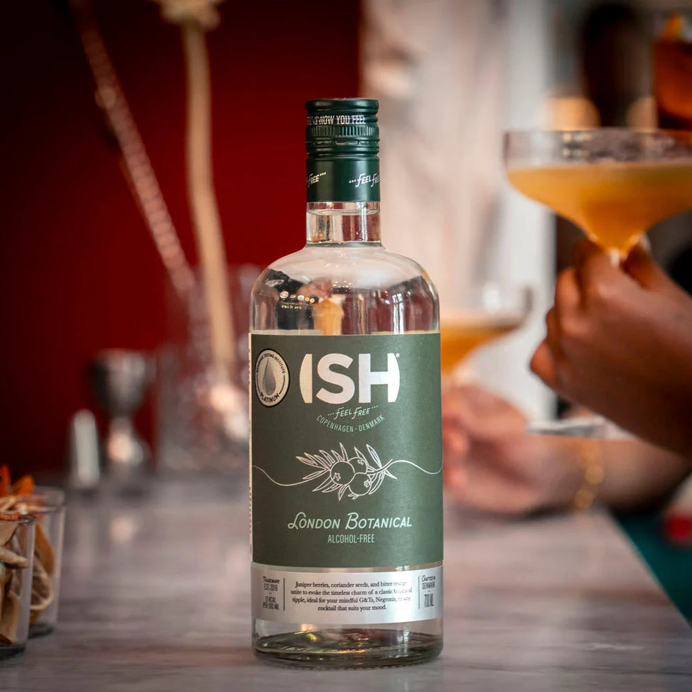 ISH London Botanical Spirit sin alcohol detalle botella — mas de 40 premios gin botanico Dinamarca
