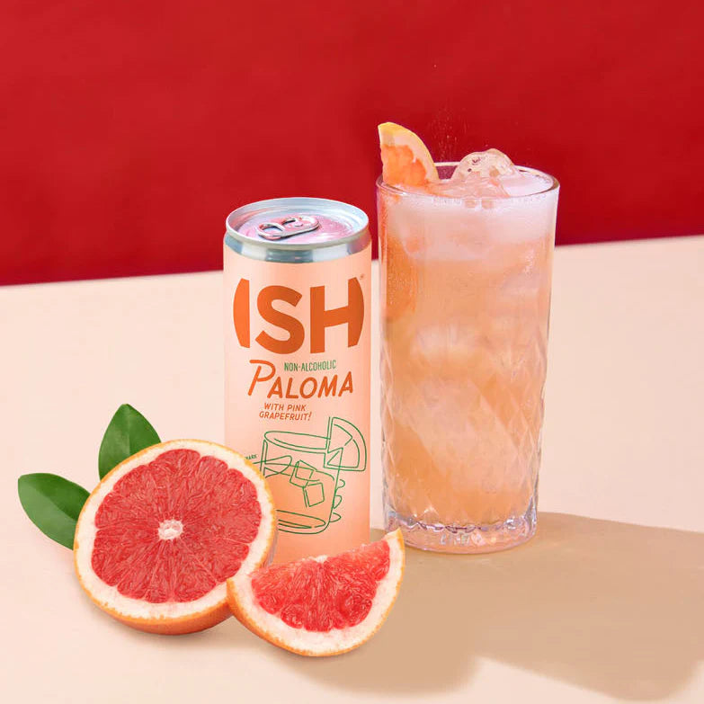 ISH Paloma sin alcohol servida en vaso con toronja — paloma RTD sin alcohol fresca y citrica
