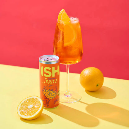 ISH Spritz sin alcohol servido en copa con naranja — aperitivo RTD sin alcohol estilo italiano