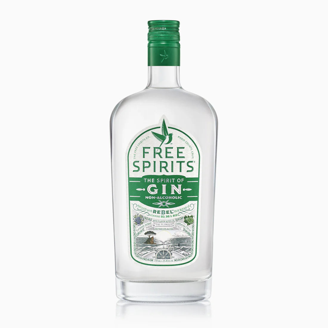 The Spirit of Gin sin alcohol de Free Spirits — botella frente alternativa gin estilo Plymouth El Buen Bar Panamá