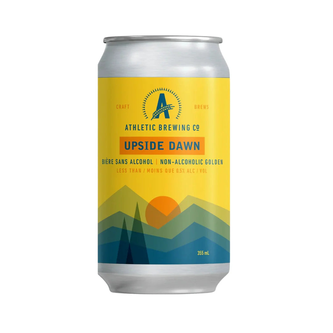Upside Dawn Golden Ale sin alcohol de Athletic Brewing — lata dorada cerveza artesanal sin alcohol El Buen Bar Panamá