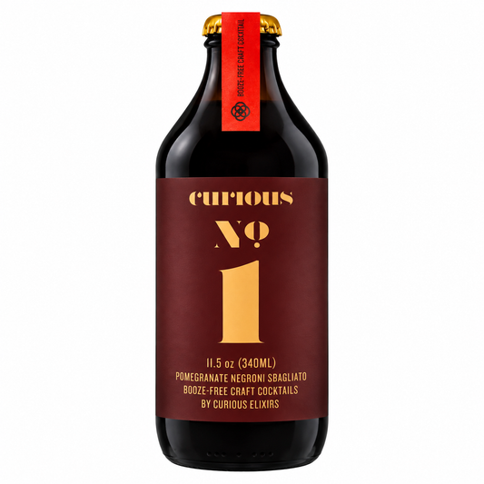 Curious No. 1 sin alcohol de Curious Elixirs — botella frontal Negroni Sbagliato granada botanicos El Buen Bar Panama
