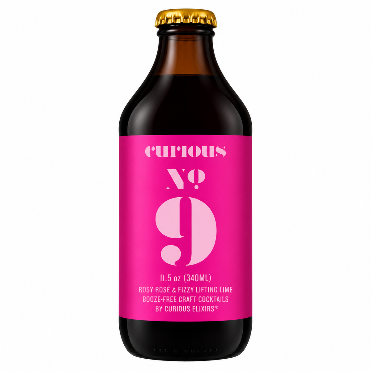 Curious No. 9 Sparkling Rose sin alcohol de Curious Elixirs — botella frontal espumante floral lima key El Buen Bar Panama