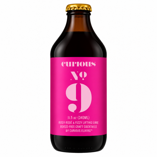 Curious No. 9 Sparkling Rose sin alcohol de Curious Elixirs — botella frontal espumante floral lima key El Buen Bar Panama