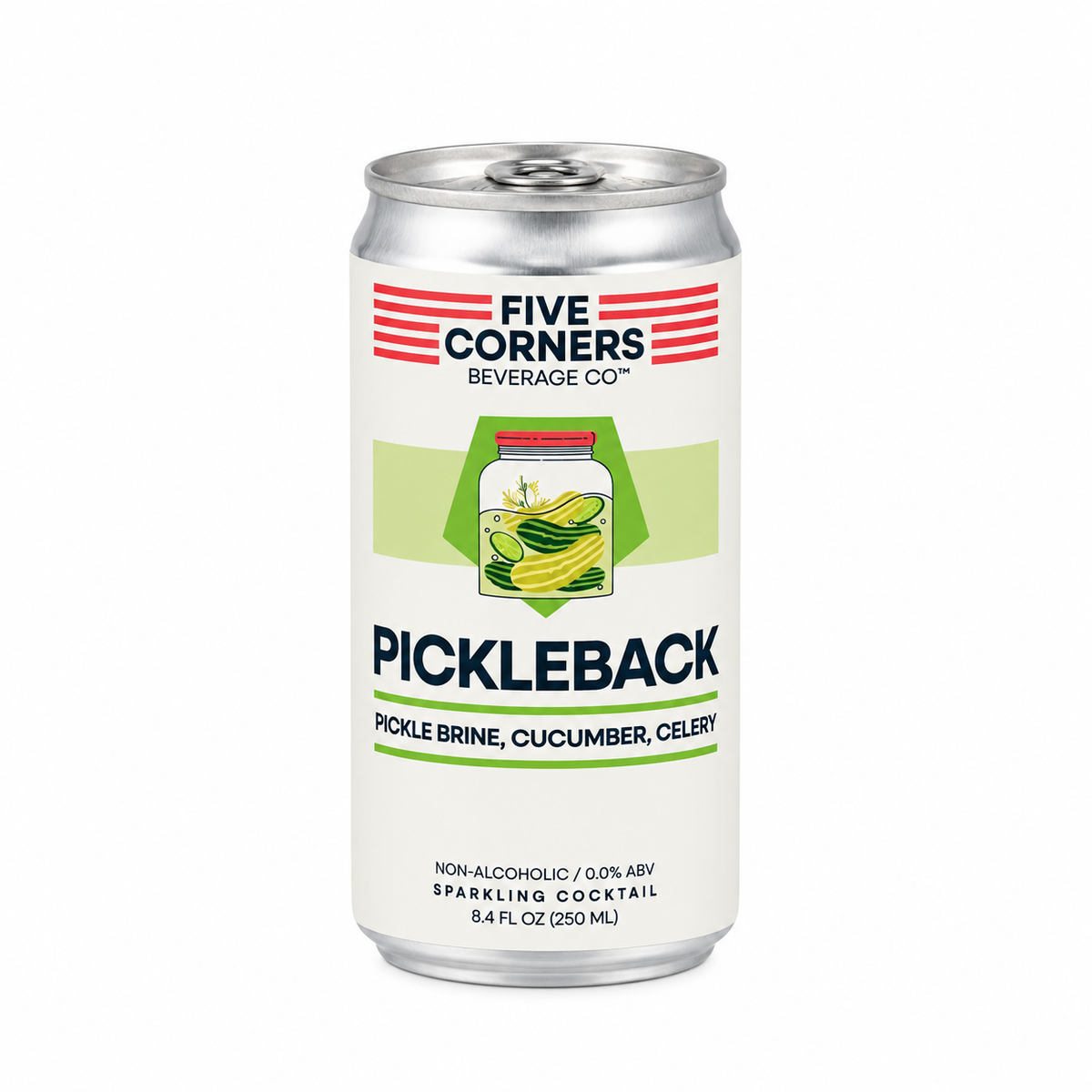 Pickleback sin alcohol de Five Corners Beverage Co. — lata frontal salmuera pepinillo espumante El Buen Bar Panama