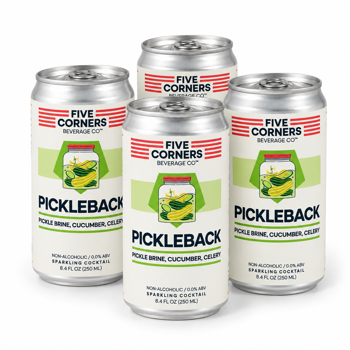 Pickleback Five Corners Beverage Co. pack de 4 — bebida sin alcohol vegetal acida para compartir Panama
