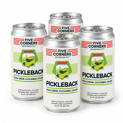 Pickleback Five Corners Beverage Co. pack de 4 — bebida sin alcohol vegetal acida para compartir Panama