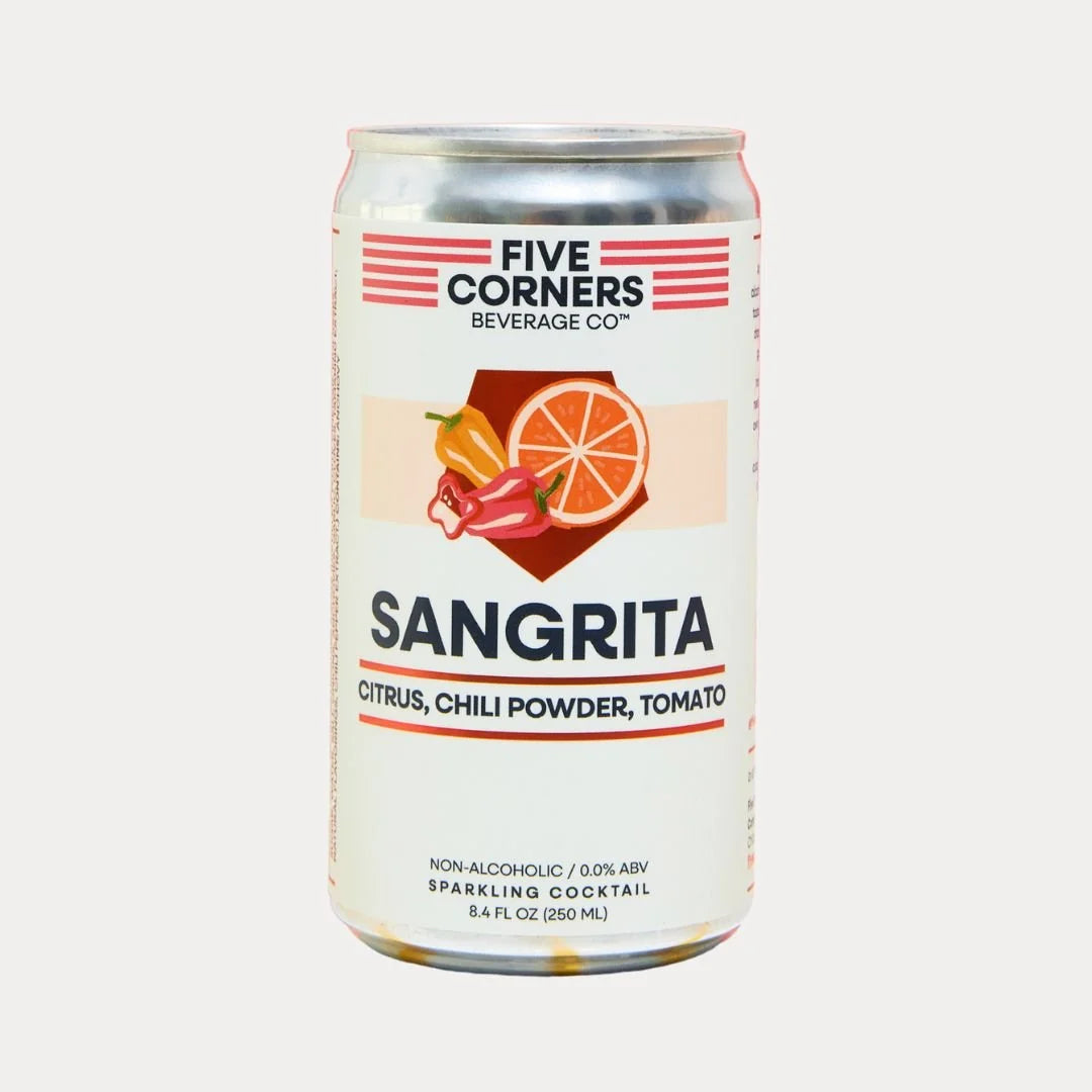 Sangrita sin alcohol de Five Corners Beverage Co. — lata frontal bebida mexicana espumante El Buen Bar Panama