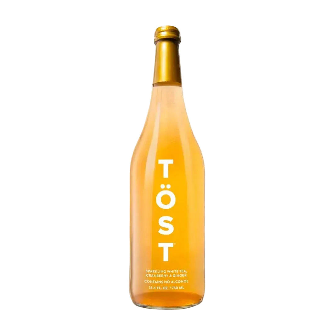 TÖST Sparkling White Tea sin alcohol — botella detalle té blanco arándano jengibre El Buen Bar Panamá