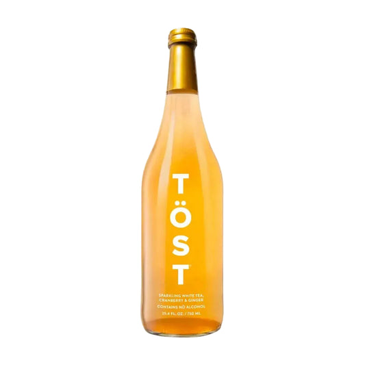 TÖST Sparkling White Tea sin alcohol — botella detalle té blanco arándano jengibre El Buen Bar Panamá
