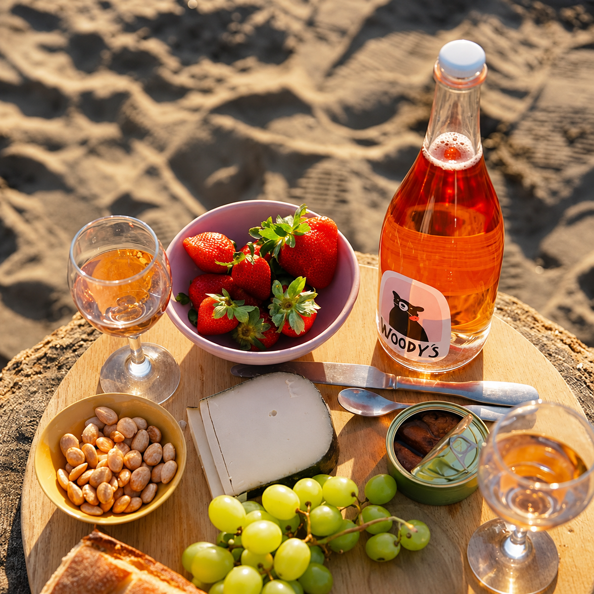 Woody's Blanc de Blanc sin alcohol lifestyle — espumante blanco pera manzana verde citricos mineralidad