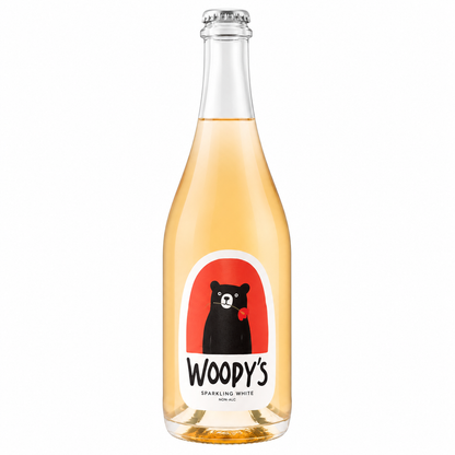 Woody's Blanc de Blanc sin alcohol — botella frontal espumante blanco Chardonnay Mendocino El Buen Bar Panama
