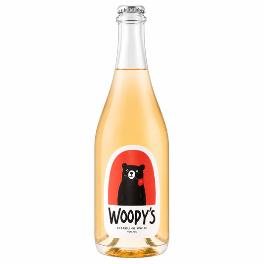 Woody's Blanc de Blanc sin alcohol — botella frontal espumante blanco Chardonnay Mendocino El Buen Bar Panama